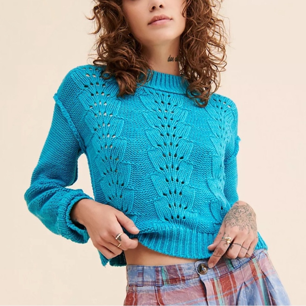 Free People turquoise Blue Crew Neck Sweater